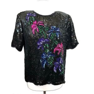 Vintage 80s 90s Stenay Silk Sequin Beaded Floral Top - Women L